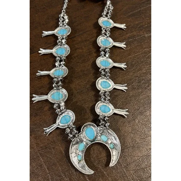 Southwestern Faux Blue Turquoise Squash Blossom Necklace & Earrings Set - Picture 4 of 6